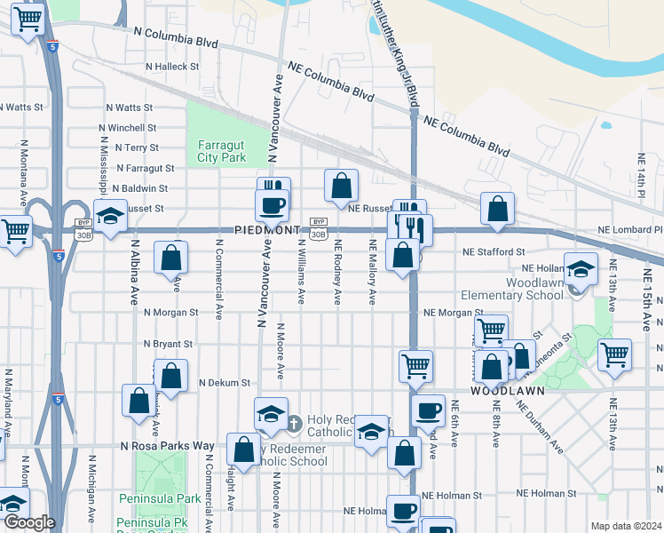 map of restaurants, bars, coffee shops, grocery stores, and more near 57 Northeast Holland Street in Portland