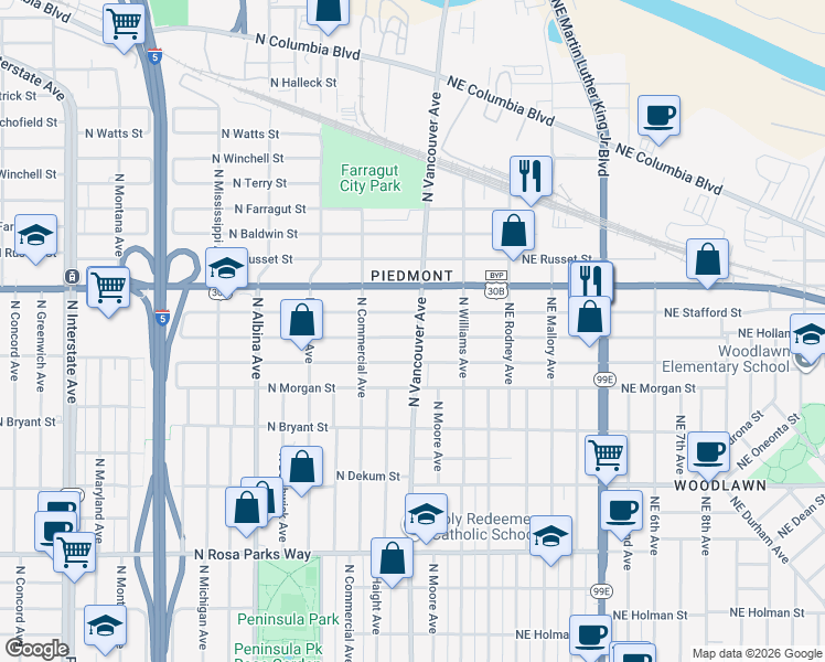map of restaurants, bars, coffee shops, grocery stores, and more near 209 North Holland Street in Portland