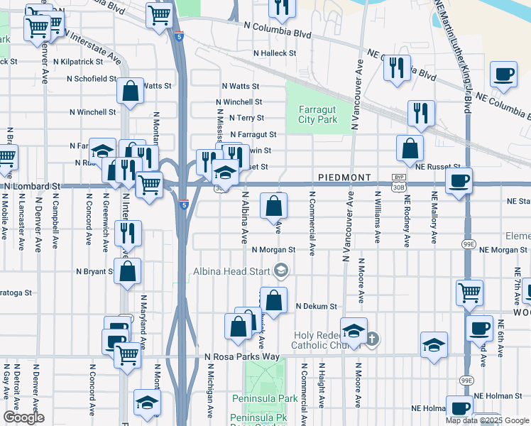 map of restaurants, bars, coffee shops, grocery stores, and more near 609 North Holland Street in Portland