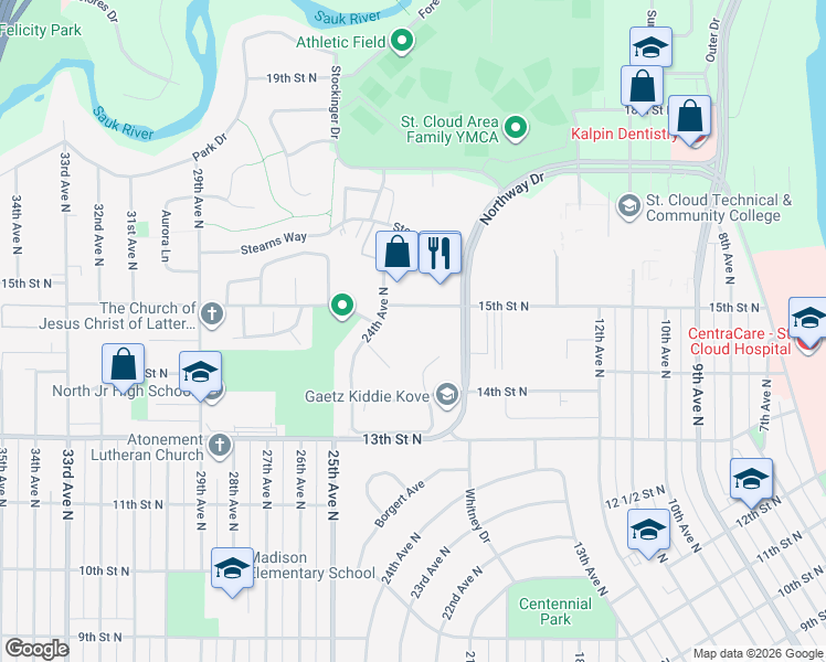 map of restaurants, bars, coffee shops, grocery stores, and more near 2040 15th Street North in St. Cloud