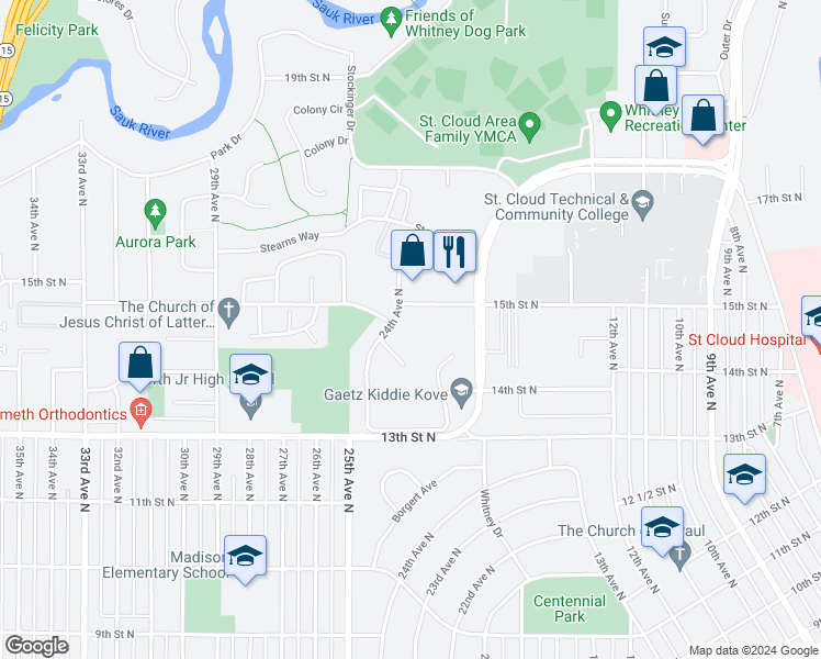 map of restaurants, bars, coffee shops, grocery stores, and more near 2040 15th Street North in St. Cloud