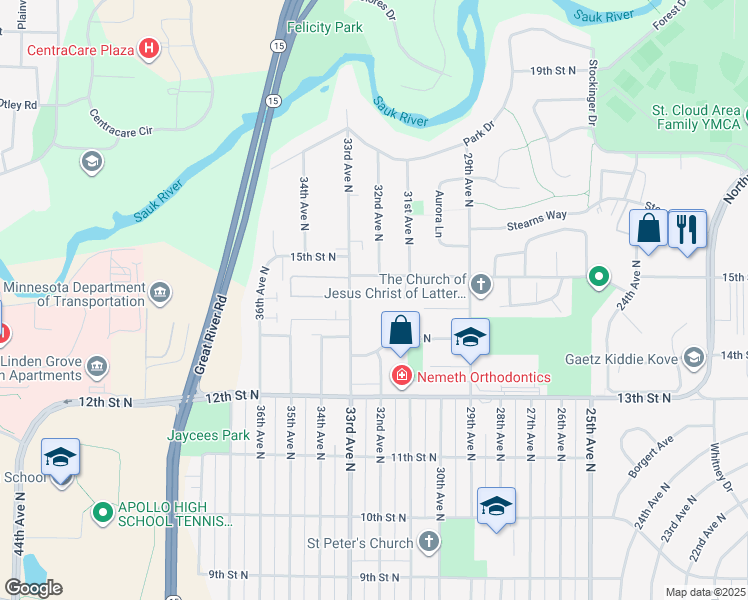 map of restaurants, bars, coffee shops, grocery stores, and more near 3200 15th Street North in St. Cloud