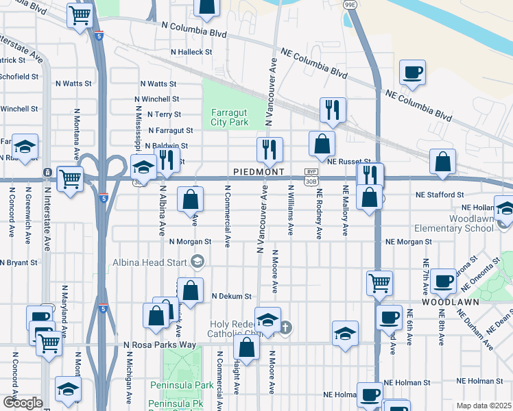 map of restaurants, bars, coffee shops, grocery stores, and more near 209 North Holland Street in Portland
