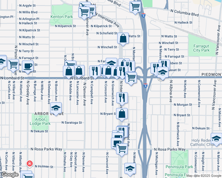 map of restaurants, bars, coffee shops, grocery stores, and more near 7303 North Greenwich Avenue in Portland