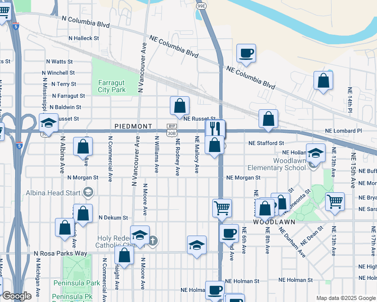 map of restaurants, bars, coffee shops, grocery stores, and more near 145 Northeast Holland Street in Portland