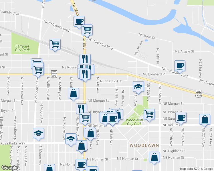 map of restaurants, bars, coffee shops, grocery stores, and more near 705 Northeast Holland Street in Portland