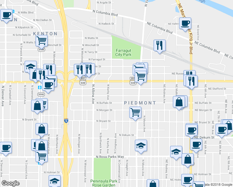 map of restaurants, bars, coffee shops, grocery stores, and more near 541 North Holland Street in Portland