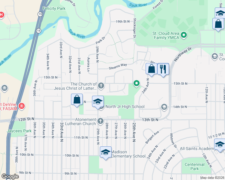 map of restaurants, bars, coffee shops, grocery stores, and more near 2620 15th Street North in St. Cloud