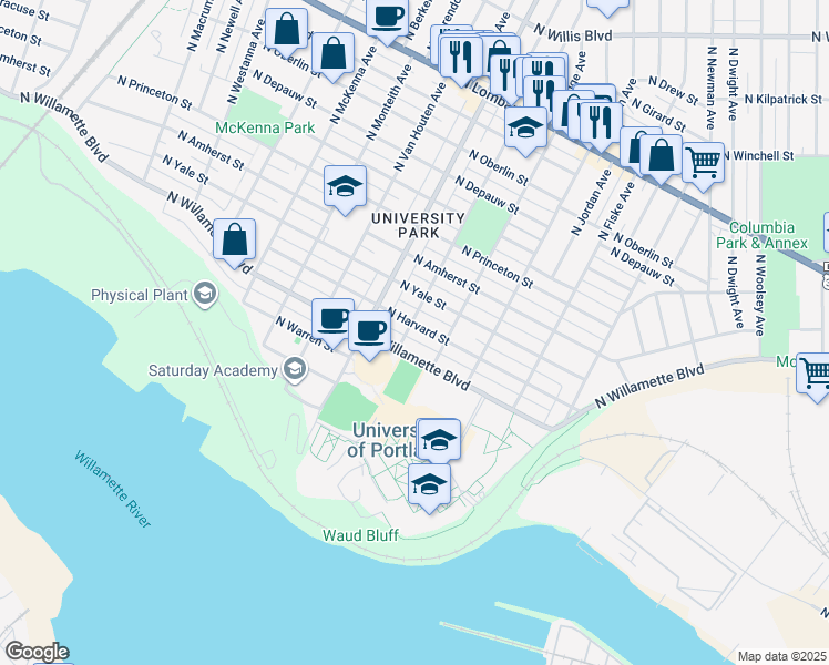 map of restaurants, bars, coffee shops, grocery stores, and more near 6734 North Stanford Avenue in Portland