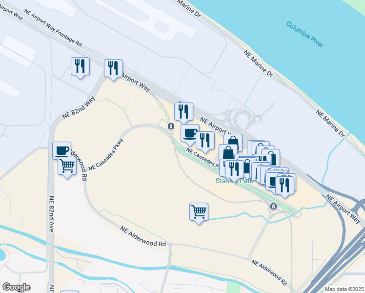 map of restaurants, bars, coffee shops, grocery stores, and more near 9401 Northeast Cascades Parkway in Portland