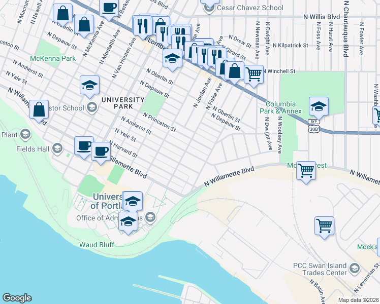 map of restaurants, bars, coffee shops, grocery stores, and more near 4795 North Amherst Street in Portland