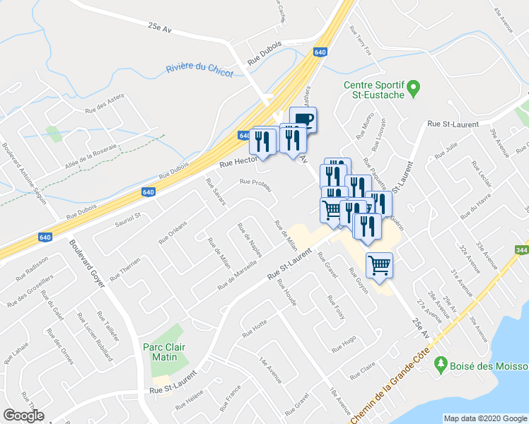 map of restaurants, bars, coffee shops, grocery stores, and more near 292 Rue de Milan in Saint-Eustache