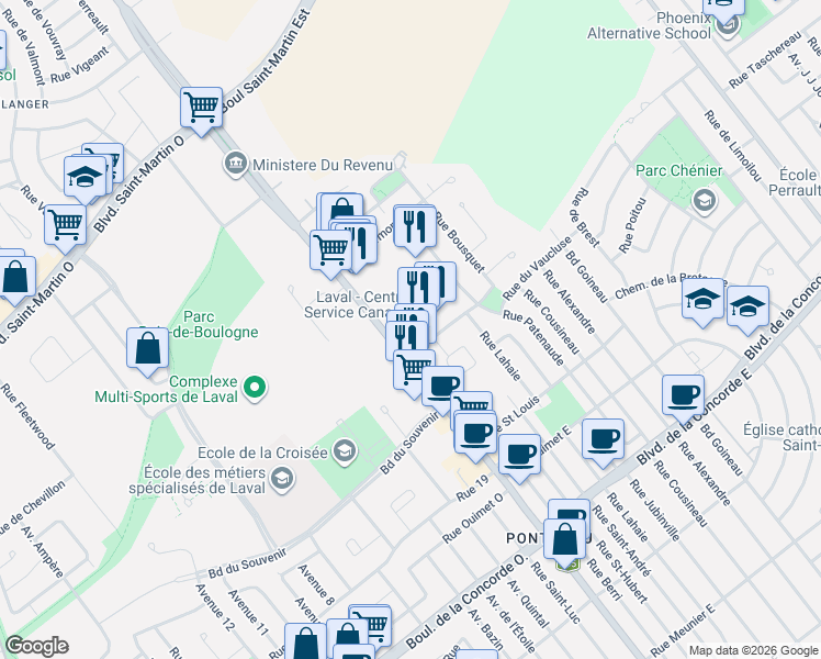 map of restaurants, bars, coffee shops, grocery stores, and more near 1037 Boulevard des Laurentides in Laval