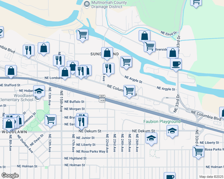 map of restaurants, bars, coffee shops, grocery stores, and more near 2230 Northeast Columbia Boulevard in Portland