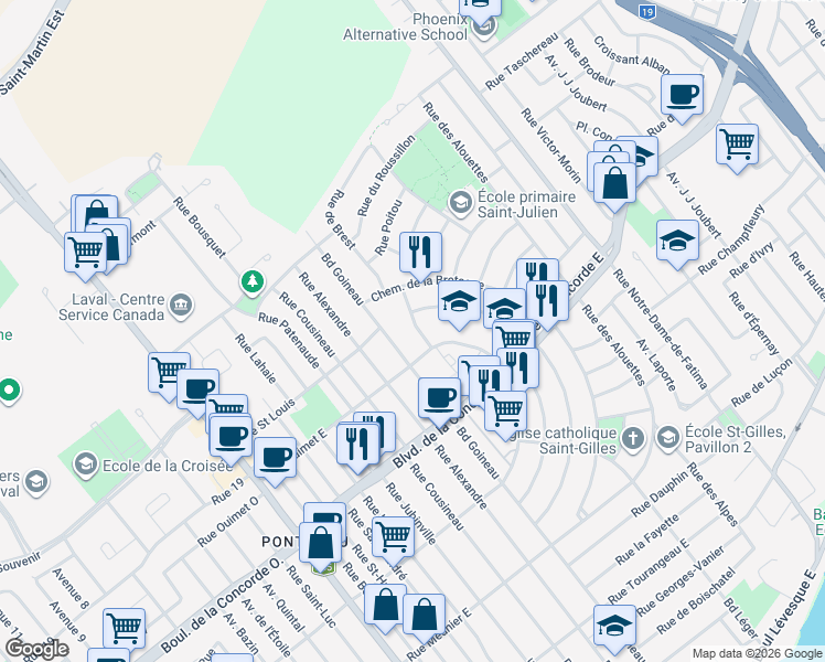 map of restaurants, bars, coffee shops, grocery stores, and more near 478 Rue Chauvin in Laval