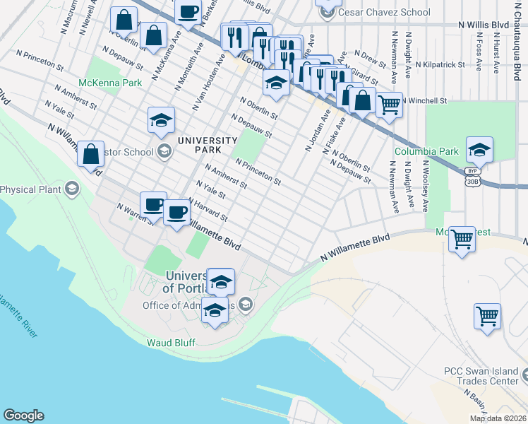 map of restaurants, bars, coffee shops, grocery stores, and more near 4933 North Yale Street in Portland