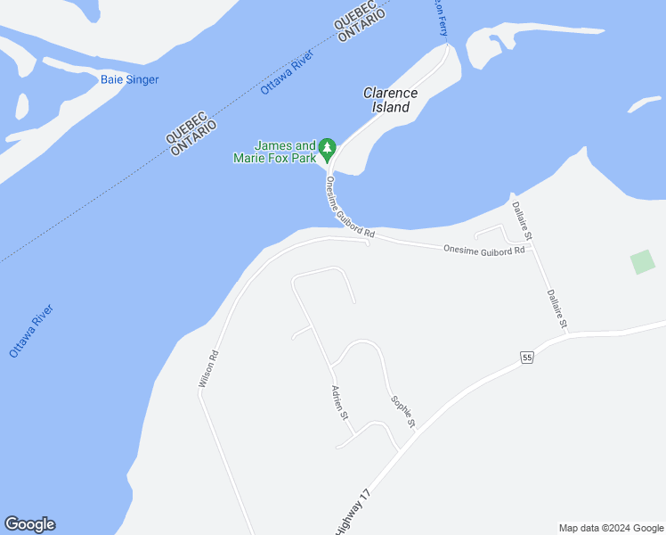 map of restaurants, bars, coffee shops, grocery stores, and more near 153 Adrien Street in Clarence-Rockland