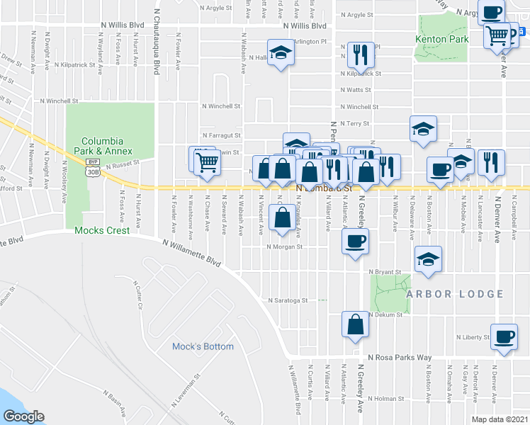 map of restaurants, bars, coffee shops, grocery stores, and more near 7312 North Vincent Avenue in Portland