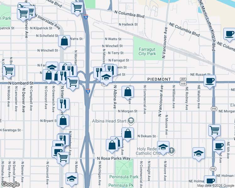 map of restaurants, bars, coffee shops, grocery stores, and more near 7314 North Albina Avenue in Portland