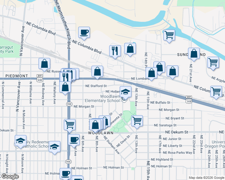 map of restaurants, bars, coffee shops, grocery stores, and more near 919 Northeast Holland Street in Portland