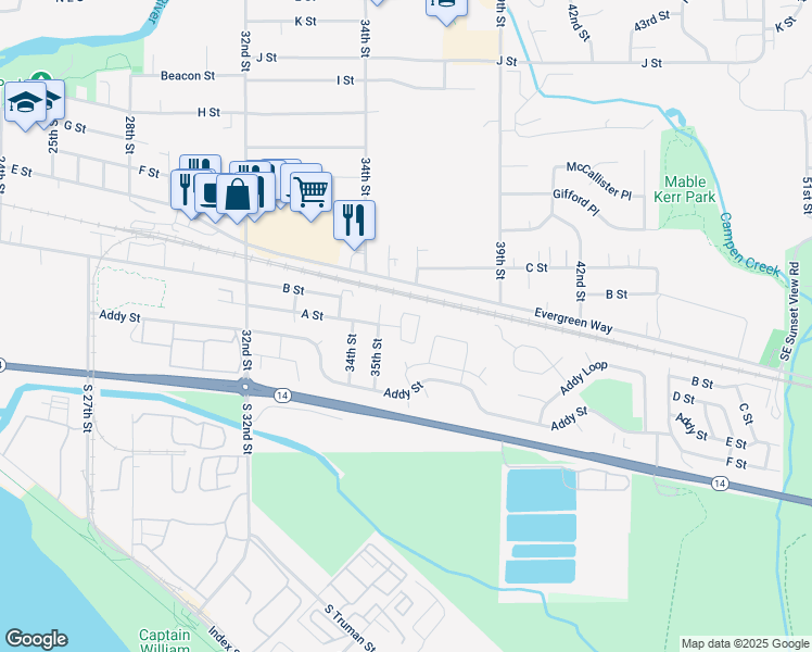 map of restaurants, bars, coffee shops, grocery stores, and more near 3501 A Street in Washougal