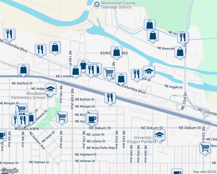 map of restaurants, bars, coffee shops, grocery stores, and more near Northeast Columbia Boulevard in Portland