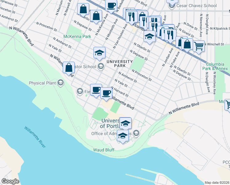 map of restaurants, bars, coffee shops, grocery stores, and more near 6734 North Stanford Avenue in Portland