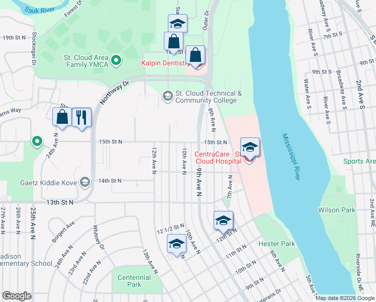 map of restaurants, bars, coffee shops, grocery stores, and more near 1436 10th Avenue North in St. Cloud