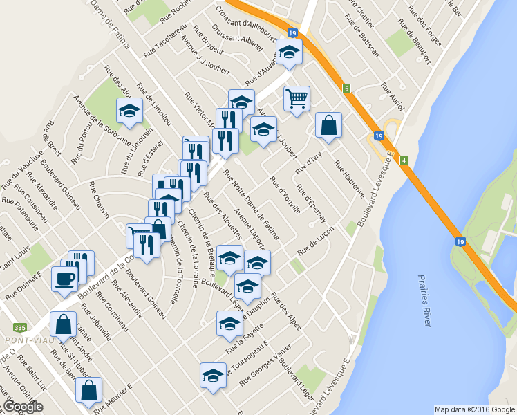 map of restaurants, bars, coffee shops, grocery stores, and more near 39 Croissant d'Avaugour in Laval