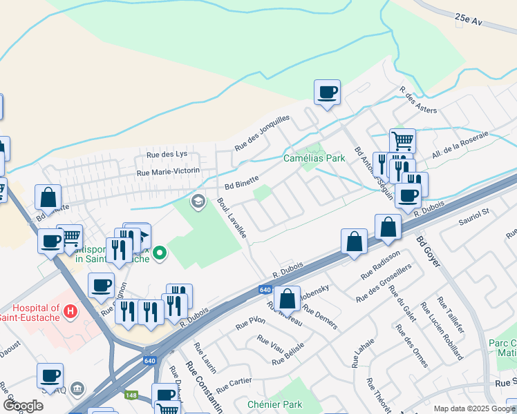 map of restaurants, bars, coffee shops, grocery stores, and more near 592 Rue des Dahlias in Saint-Eustache