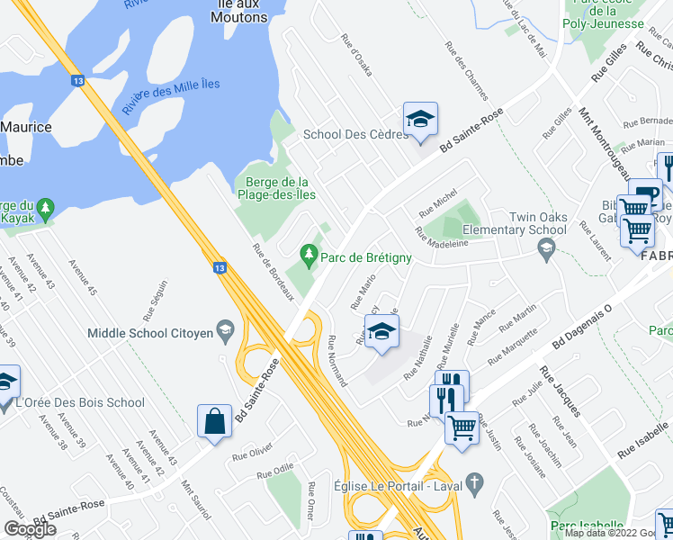 map of restaurants, bars, coffee shops, grocery stores, and more near 3920 Boulevard Sainte-Rose in Laval