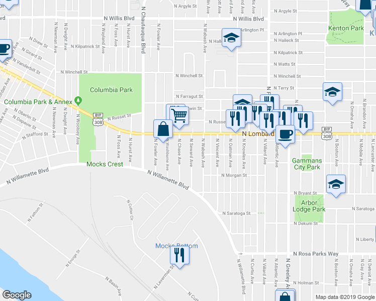 map of restaurants, bars, coffee shops, grocery stores, and more near 7315 North Seward Avenue in Portland