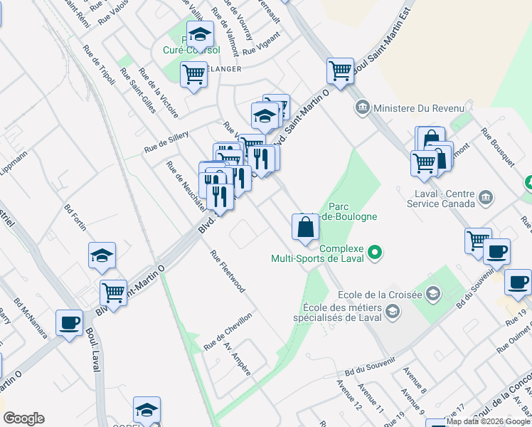 map of restaurants, bars, coffee shops, grocery stores, and more near 1681 Rue de Touraine in Laval