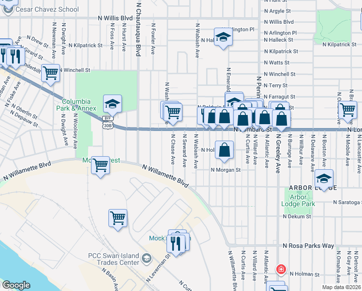 map of restaurants, bars, coffee shops, grocery stores, and more near 7315 North Seward Avenue in Portland