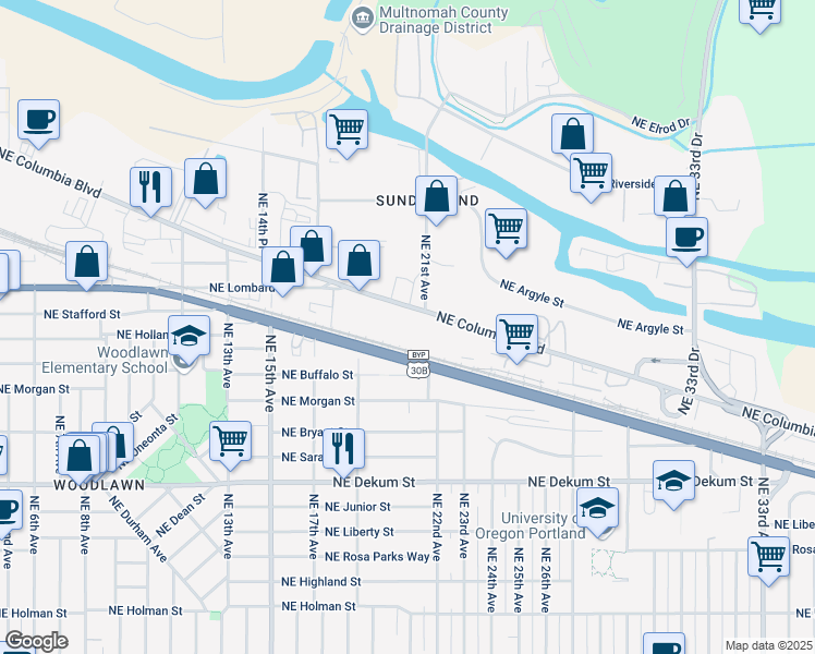 map of restaurants, bars, coffee shops, grocery stores, and more near Northeast Columbia Boulevard in Portland