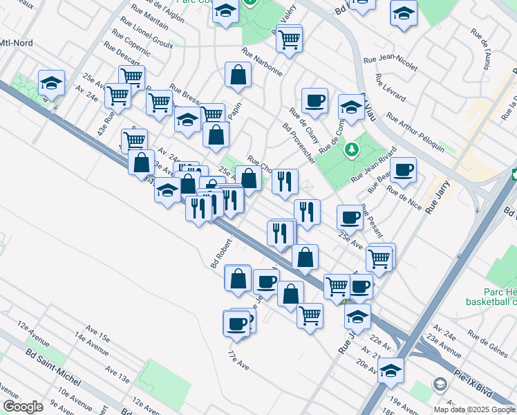 map of restaurants, bars, coffee shops, grocery stores, and more near 8521 24e Avenue in Montréal
