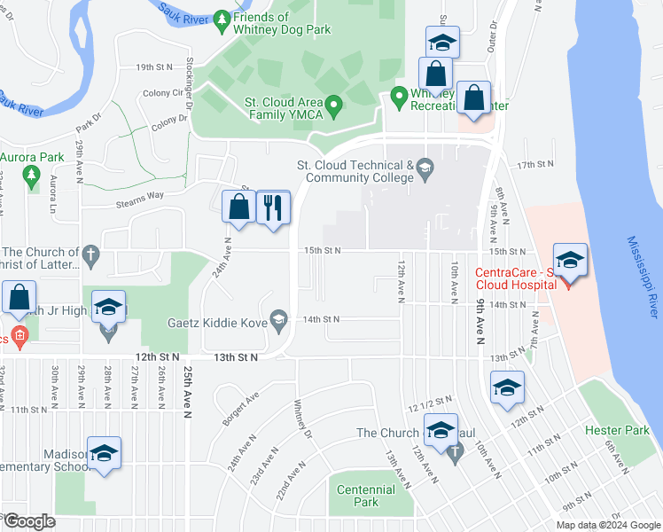 map of restaurants, bars, coffee shops, grocery stores, and more near 1300 15th Street North in St. Cloud