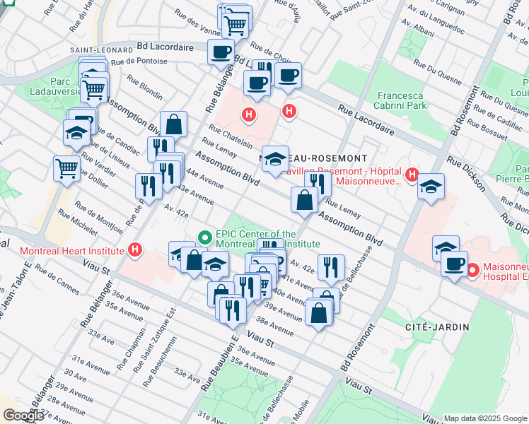 map of restaurants, bars, coffee shops, grocery stores, and more near 6638 44e Avenue in Montréal