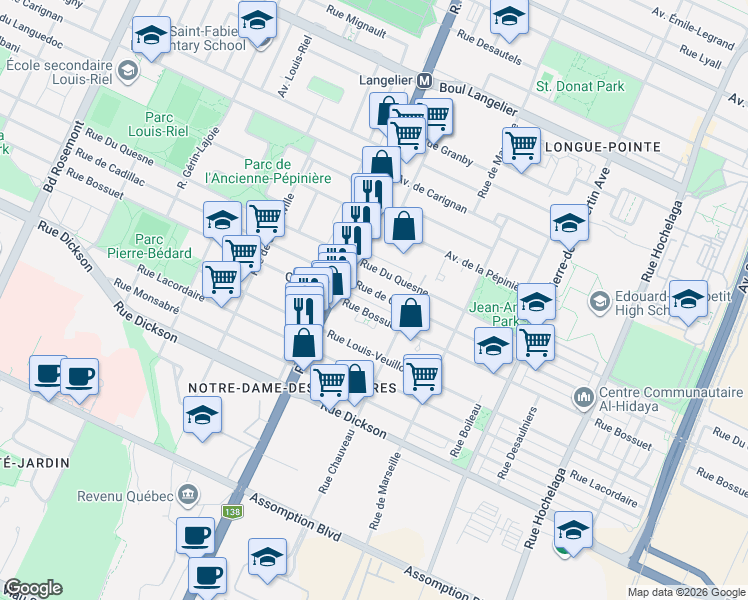 map of restaurants, bars, coffee shops, grocery stores, and more near 3234 Rue de Cadillac in Montréal