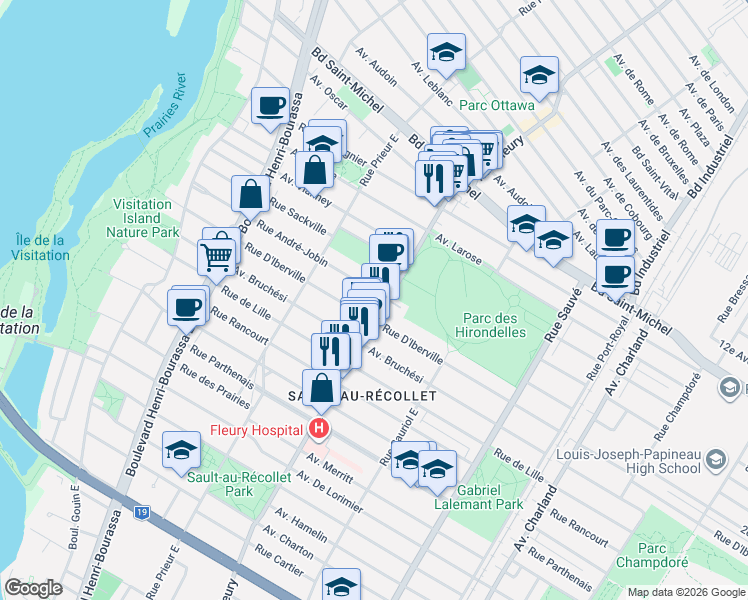 map of restaurants, bars, coffee shops, grocery stores, and more near 10304 Rue André-Jobin in Montréal
