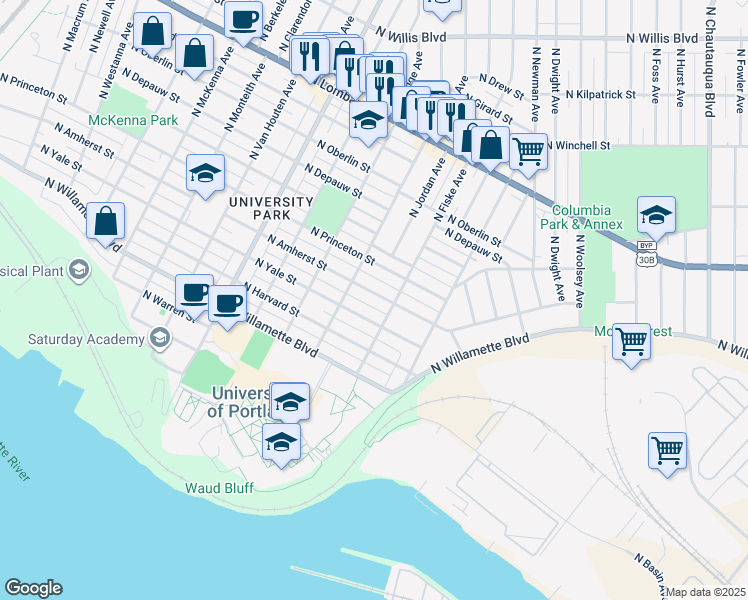map of restaurants, bars, coffee shops, grocery stores, and more near 4840 North Amherst Street in Portland