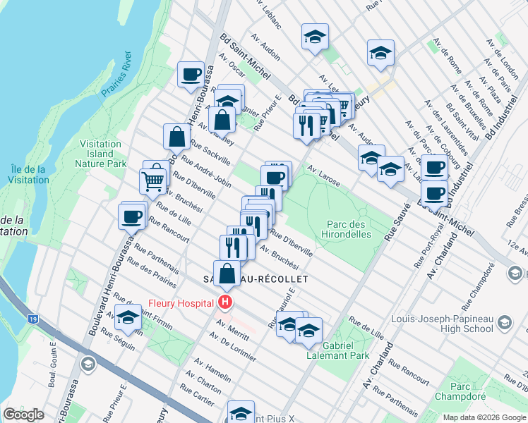 map of restaurants, bars, coffee shops, grocery stores, and more near 10308 Rue André-Jobin in Montréal