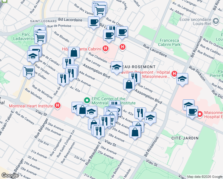 map of restaurants, bars, coffee shops, grocery stores, and more near 6640 44e Avenue in Montréal