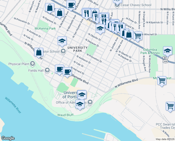 map of restaurants, bars, coffee shops, grocery stores, and more near 5118 North Yale Street in Portland
