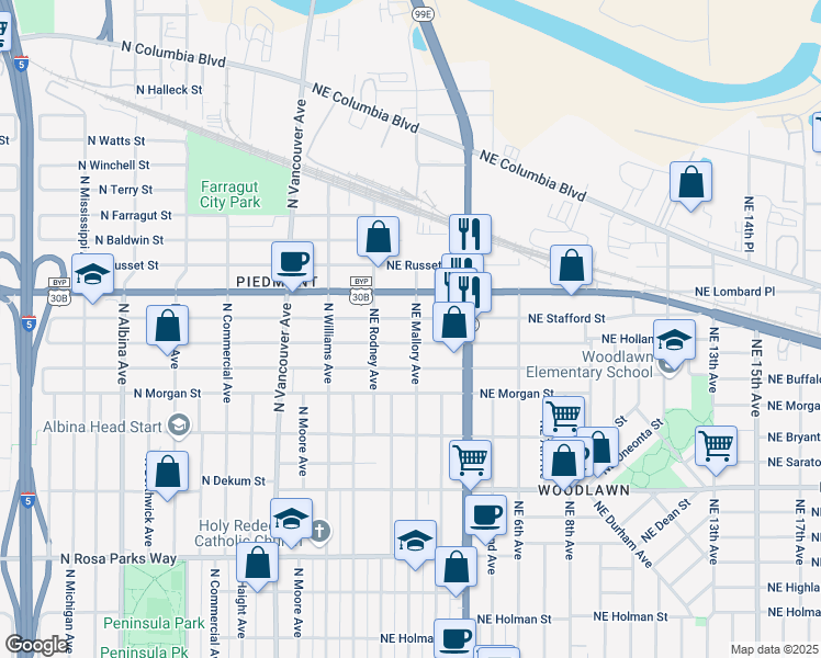 map of restaurants, bars, coffee shops, grocery stores, and more near 145 Northeast Holland Street in Portland