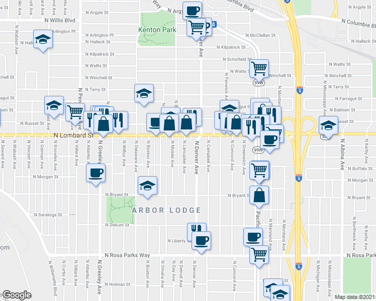 map of restaurants, bars, coffee shops, grocery stores, and more near 7304 North Lancaster Avenue in Portland
