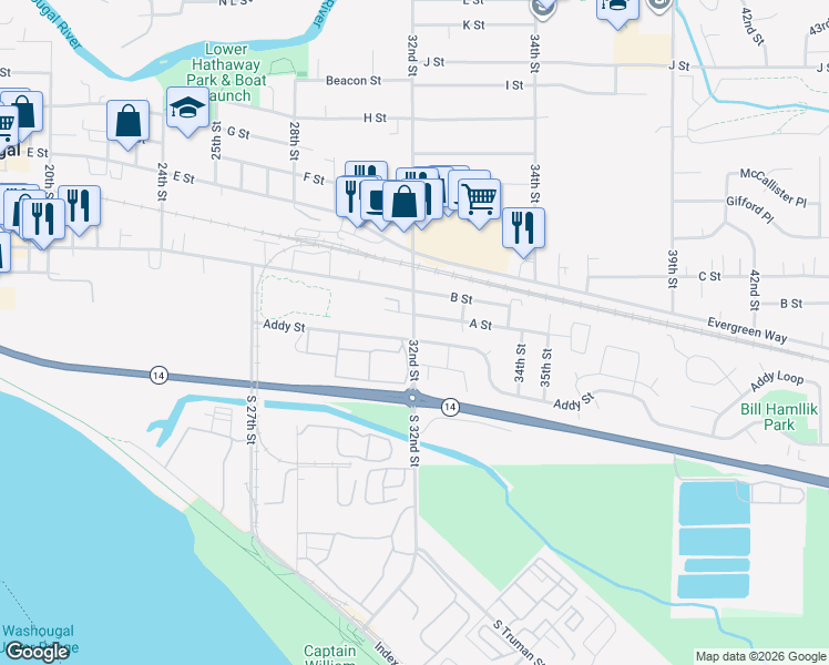 map of restaurants, bars, coffee shops, grocery stores, and more near 54 32nd Street in Washougal