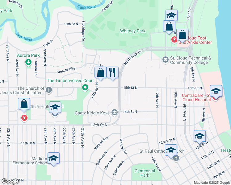 map of restaurants, bars, coffee shops, grocery stores, and more near 1445 Northway Drive in Saint Cloud
