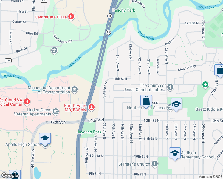 map of restaurants, bars, coffee shops, grocery stores, and more near 1450 36th Street Southeast in St. Cloud