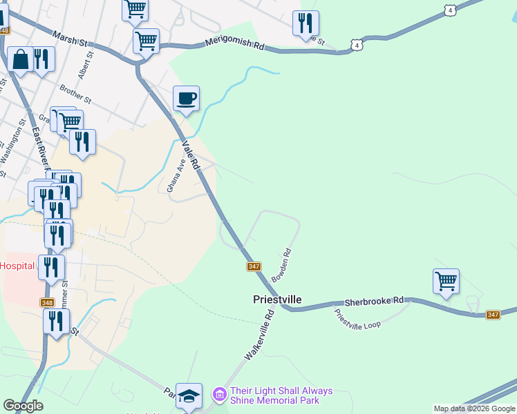 map of restaurants, bars, coffee shops, grocery stores, and more near 102 Bowden Road in New Glasgow